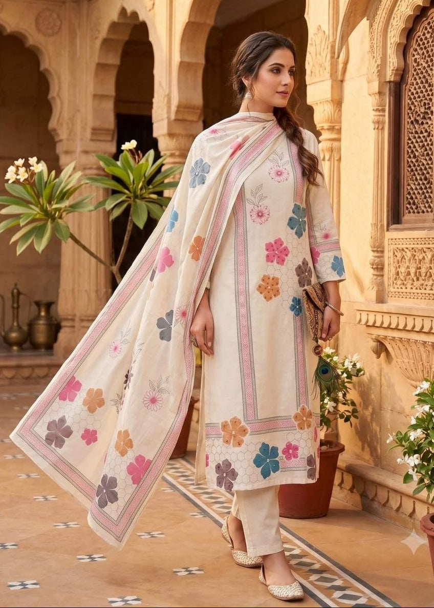Shriwal Cream Pure Khadi Cotton Handwork Kurta Set with Digital Print Dupatta