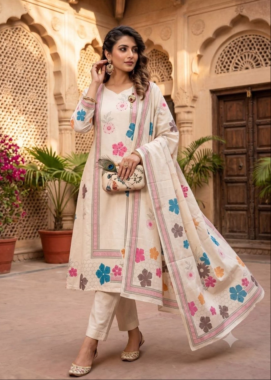 Shriwal Cream Pure Khadi Cotton Handwork Kurta Set with Digital Print Dupatta