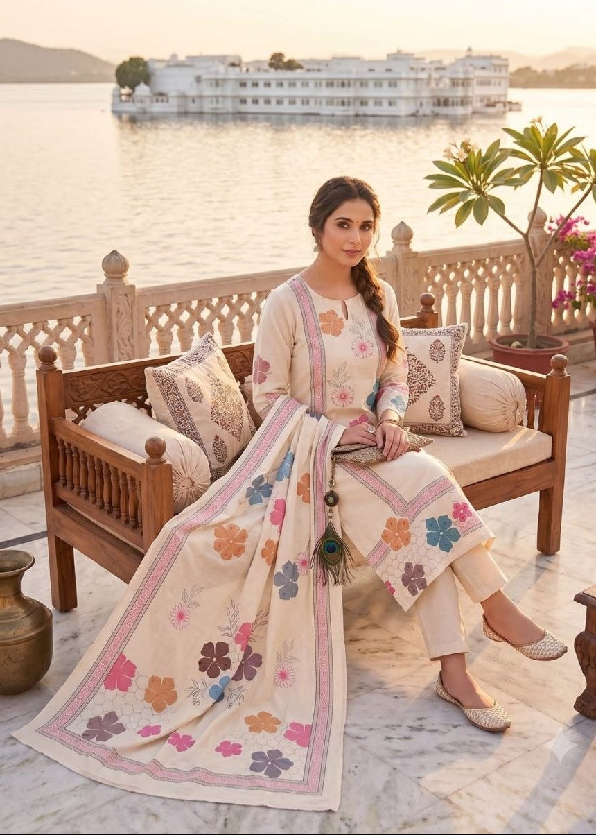 Elegant woman wearing a cream printed ethnic kurta set with colourful floral motifs and a matching dupatta, styled with traditional jewellery in a heritage palace setting.