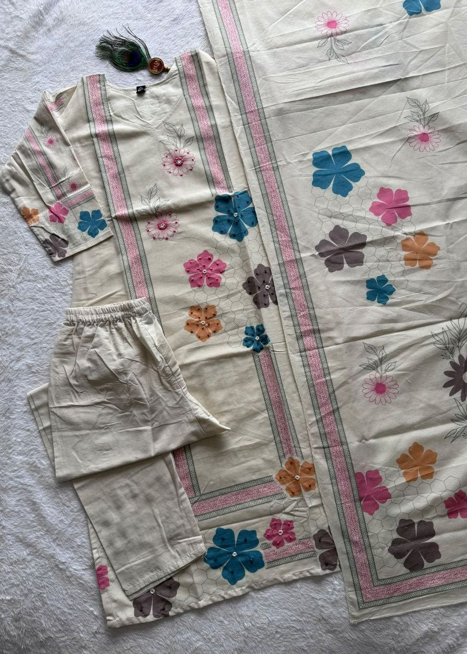 Shriwal Cream Pure Khadi Cotton Handwork Kurta Set with Digital Print Dupatta