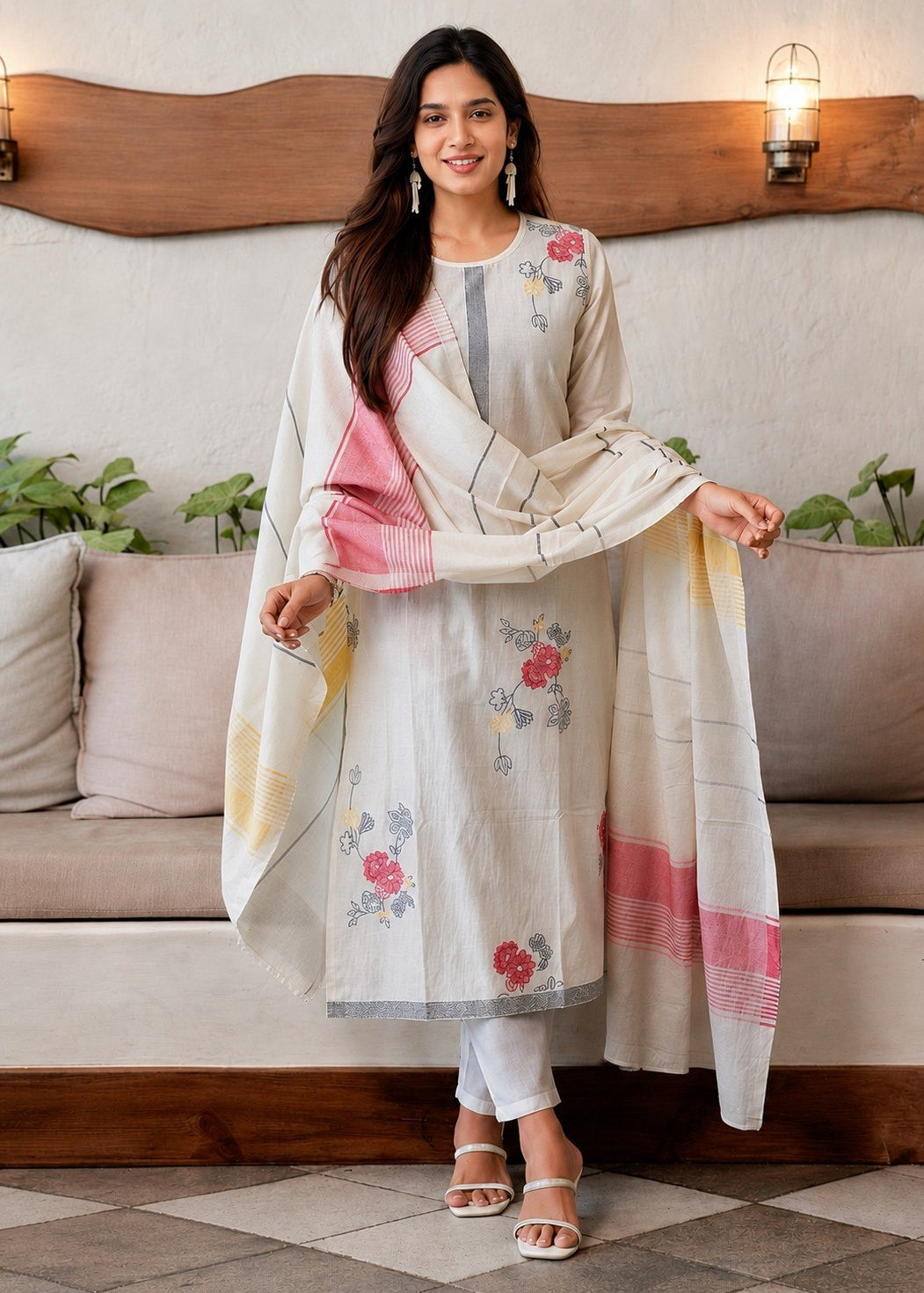 A woman models a three-piece Indian ethnic suit set consisting of a cream-colored kurta with pink and blue floral embroidery, white trousers, and a matching dupatta with pink stripes and yellow-gold borders, set against a modern living room background.