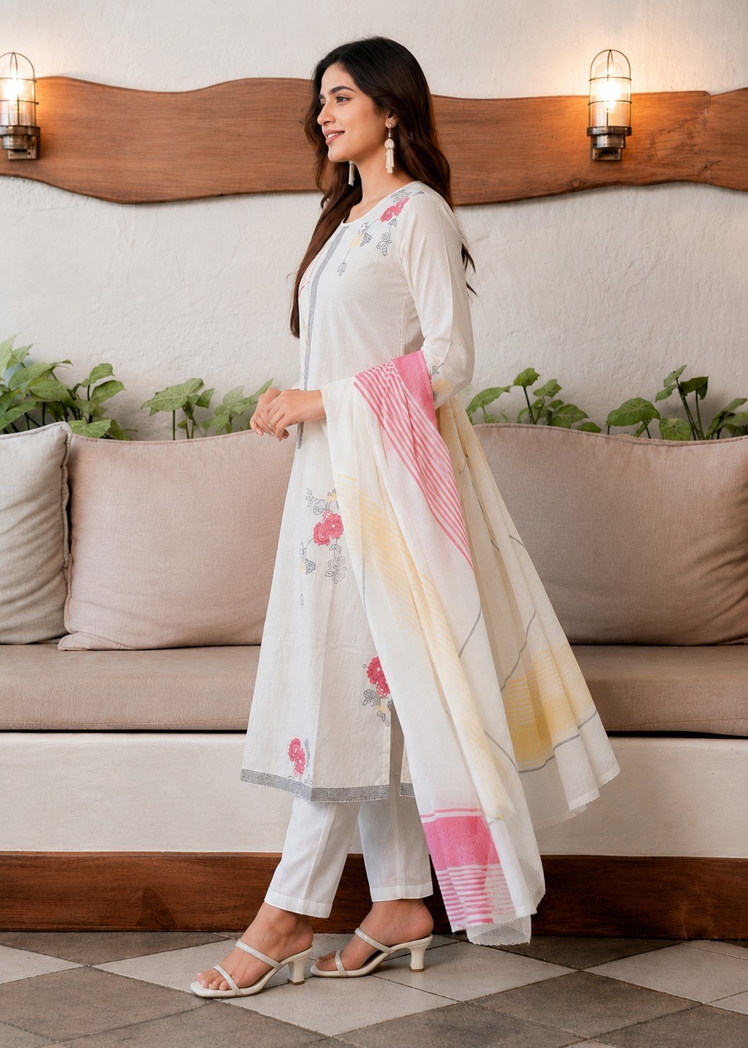 A woman models a white three-piece traditional outfit with pink and yellow floral embroidery, paired with a matching dupatta featuring pink stripes and a yellow gradient, set in a modern living room environment.