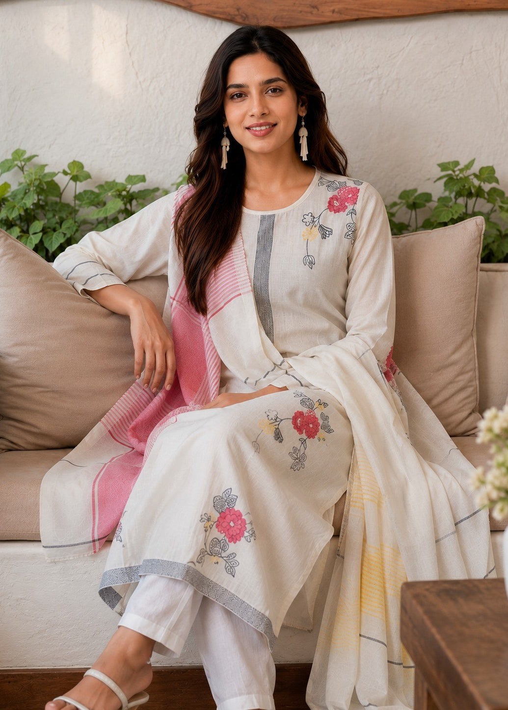 A woman seated on a beige sofa wearing a traditional embroidered kurta set in off-white, with pink and gray accents, white pants, and a pink dupatta.