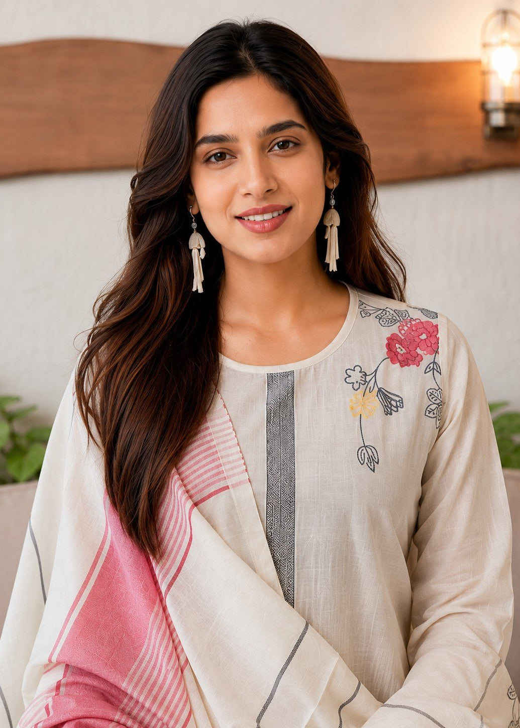 A woman wearing a beige embroidered kurta with a pink and white striped dupatta, styled with long white tassel earrings, in a warm indoor setting.