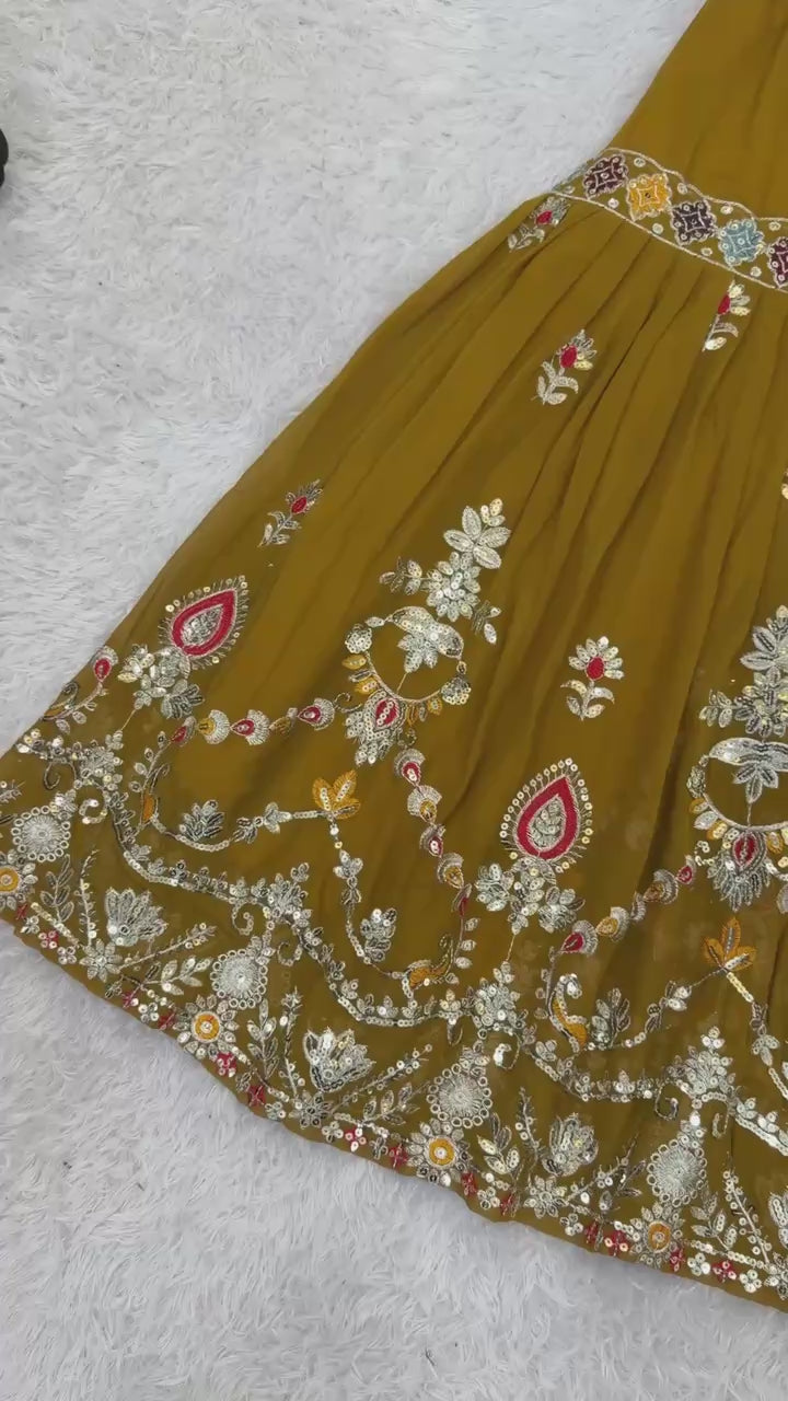 Shriwal Embroidered Faux Georgette Sharara Palazzo Suit Set Mustard(3 colours)