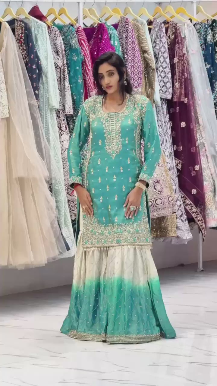 Shriwal Ocean Blue GMY Silk Embroidered Sharara Suit Set