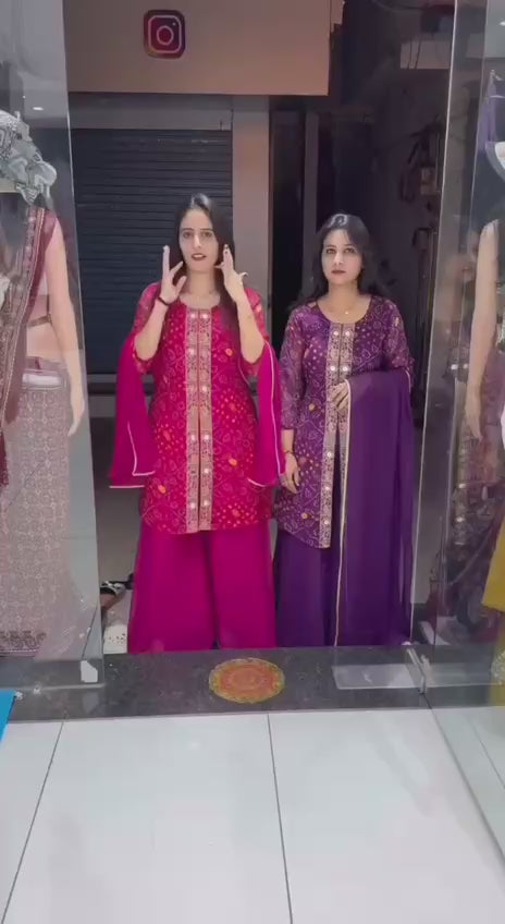 Shriwal Georgette Bandhani Printed Kurti Set with Palazzo & Dupatta(2 Colours)